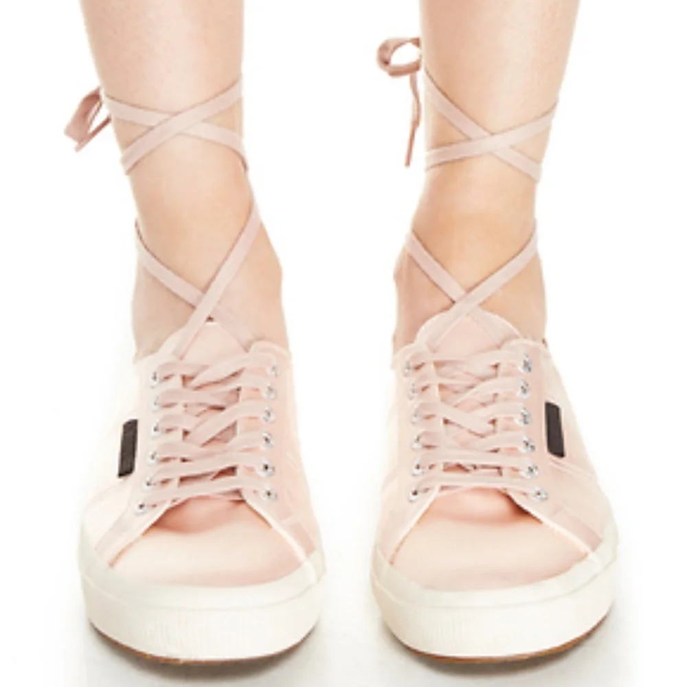 Superga x Man Repeller Pink Satin Lace Up Balletcore Sneakers 37.5 Coquette
